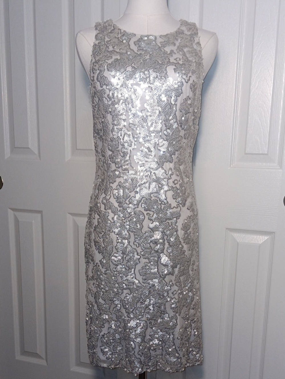 Alberto Makali Silver Sequin Lace Cocktail Sheath Midi Dress
